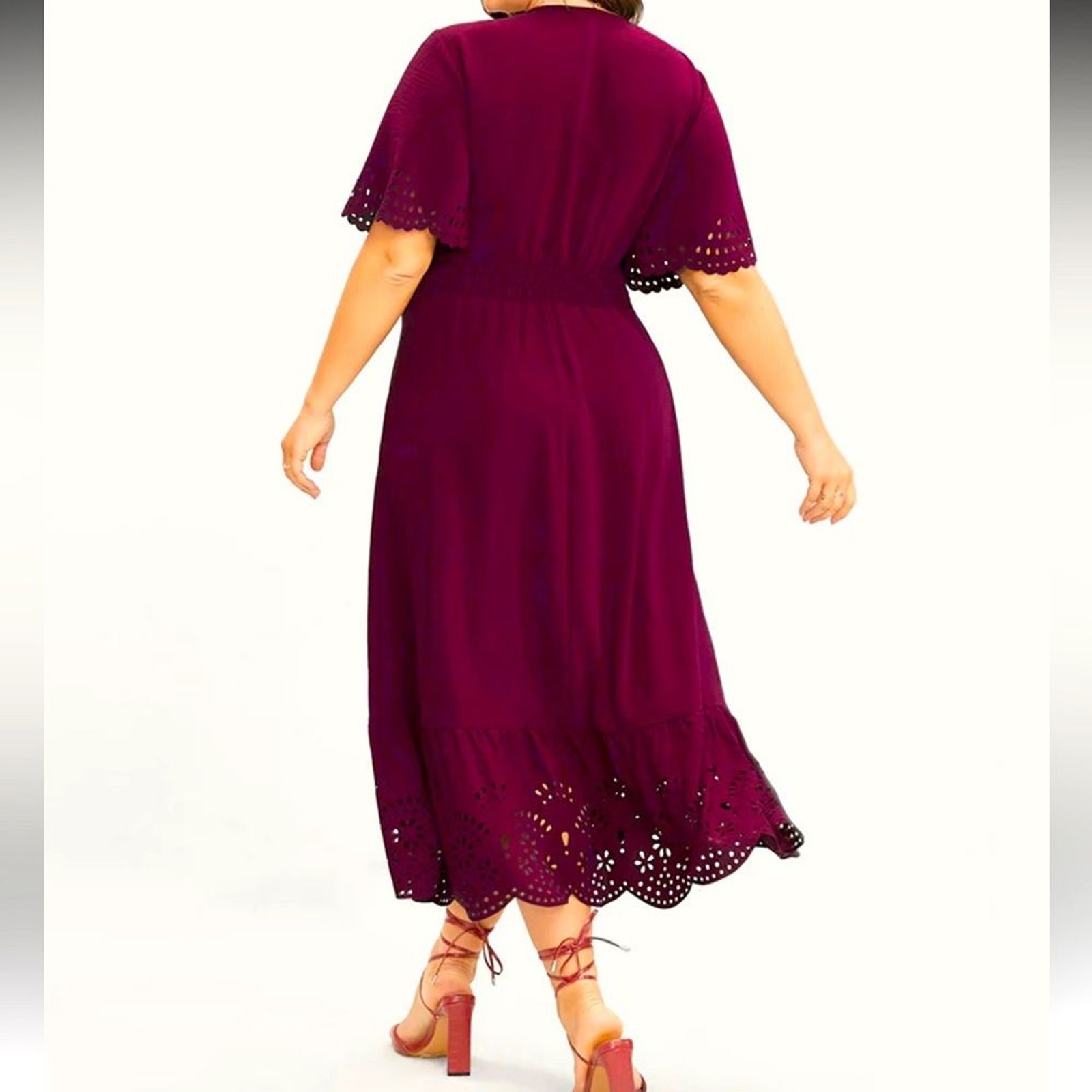 Solid Laser Cut Shirred Pocket Wrap Scalloped Trim Flutter Dress