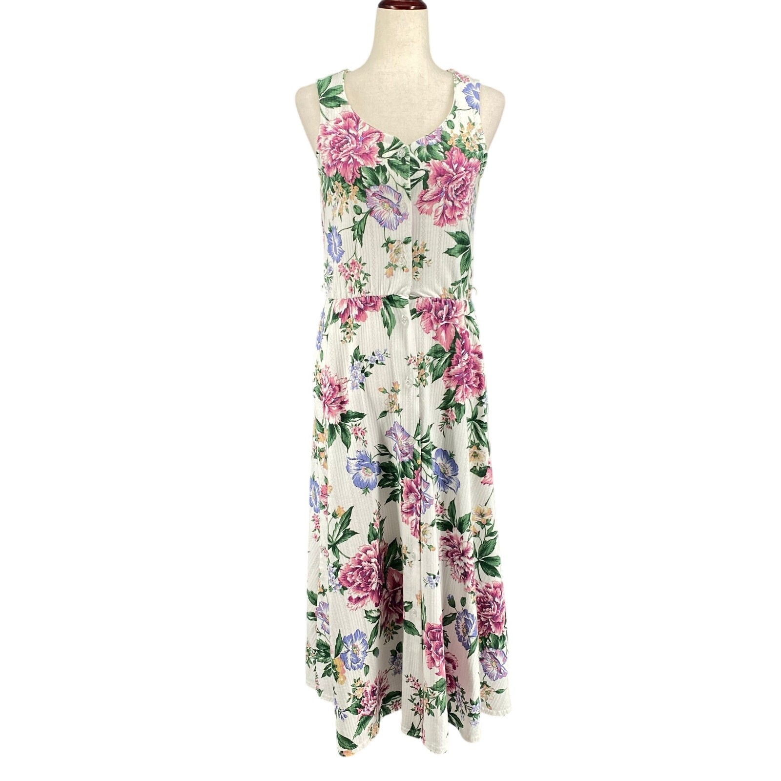 Vtg Bohemian Romantic Floral Coquette Button Down Midi Dress 8 White Pink