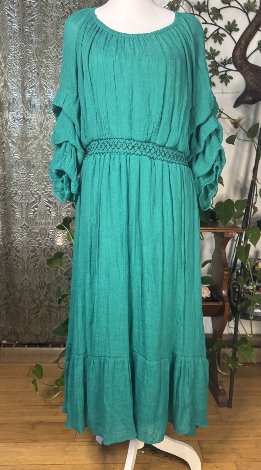Indigo Rose Green Solid Smocked Waist Ruffle Sleeve Midi Dress Plus 2X
