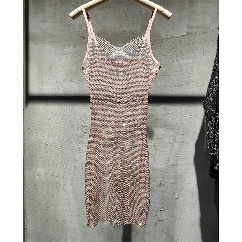 Sexy Bright Rhinestone Crystal Wrap Hip Strap Mid Length Slim Fit Trendy Dress