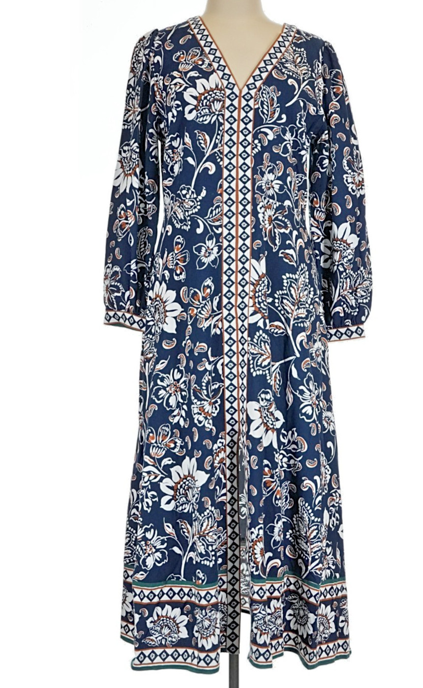LOFT Border Floral V-Neck Midi Dress Blue Brown Long Sleeve NWT Women’s 12