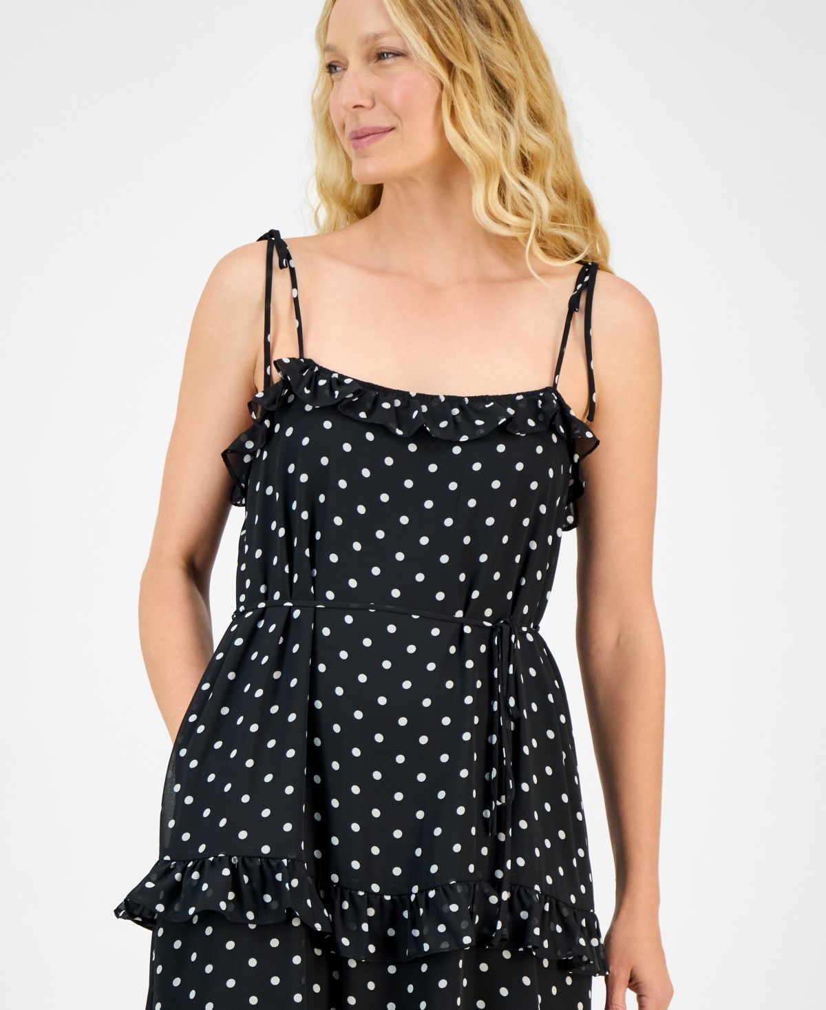 Julia Jordan Tie-Strap Ruffle-Tier Maxi Dress Women’s XL Black White Polka Dots