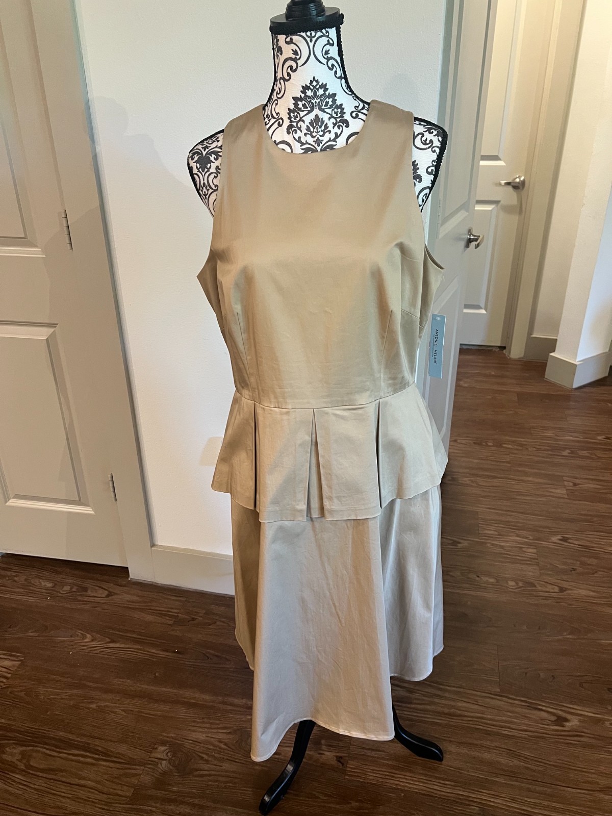 ANTONIO MELANI SIZE 14 KHAKI PEPLUM BELTED TIE WAIST FIT AND FLARE DRESS
