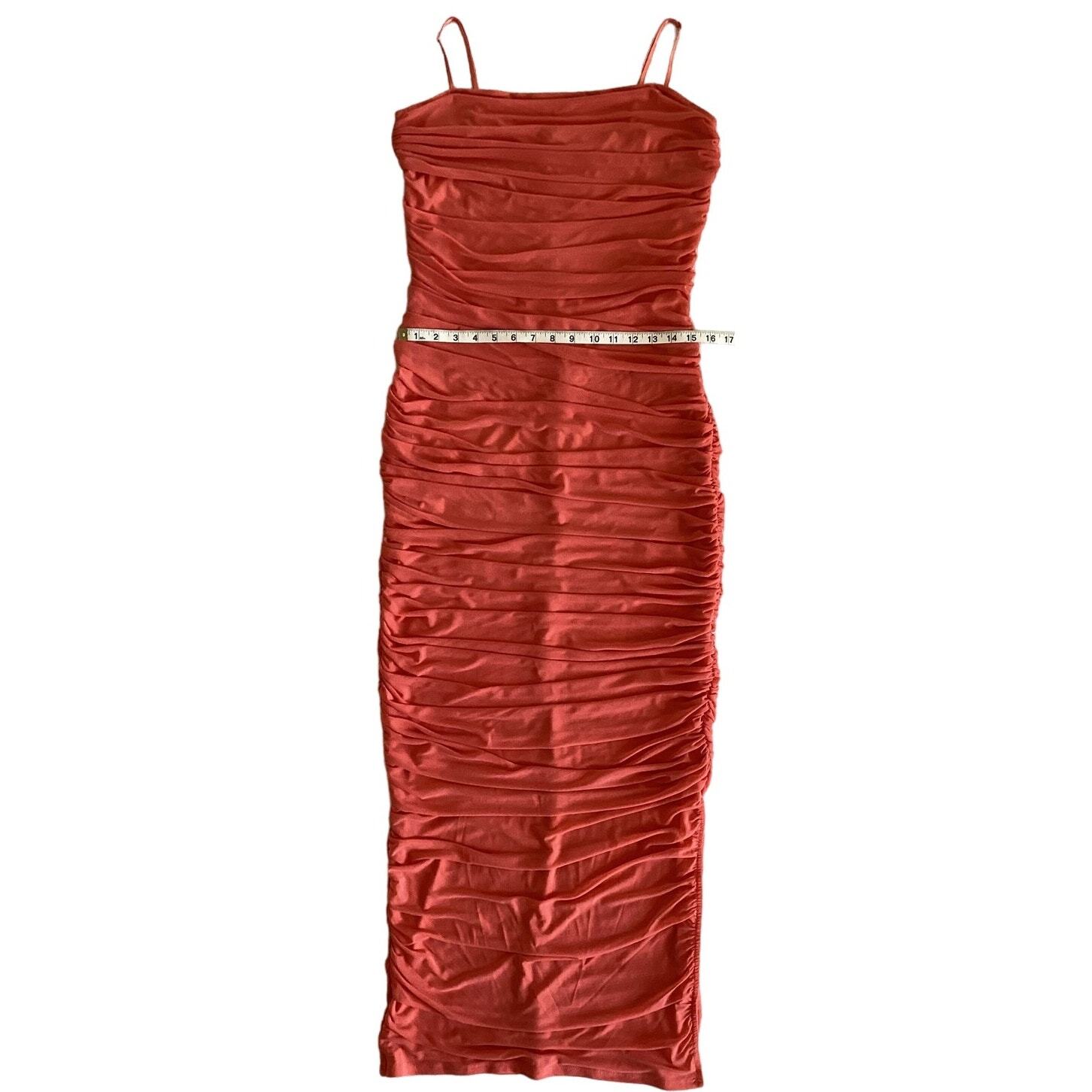 Venus Ruched Mesh Fitted Bodycon Maxi Dress Coral L