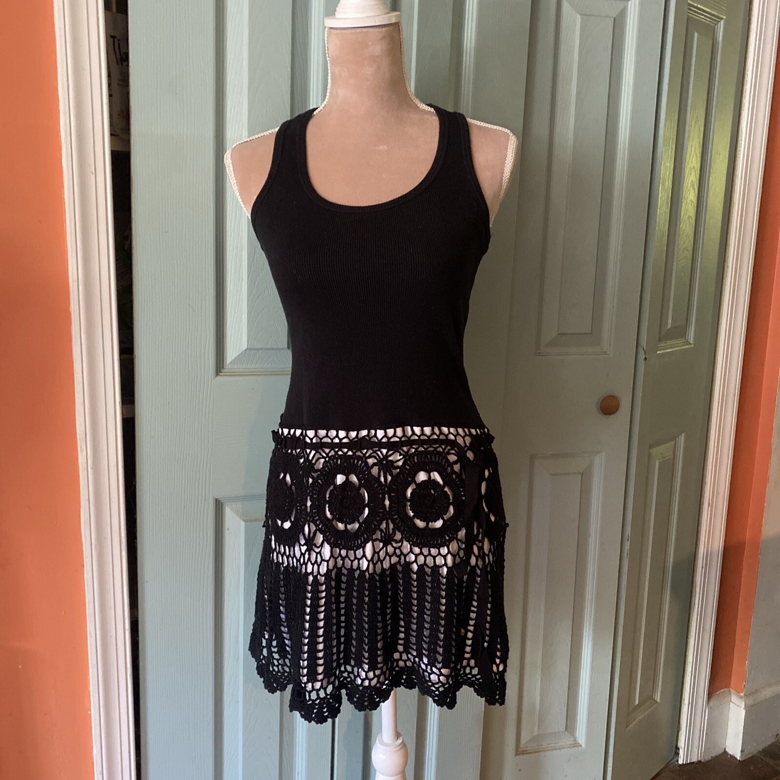 XOXO Shirt Dress size small Black Tank Dress Ribbed Knit Crochet Bottom Y2K