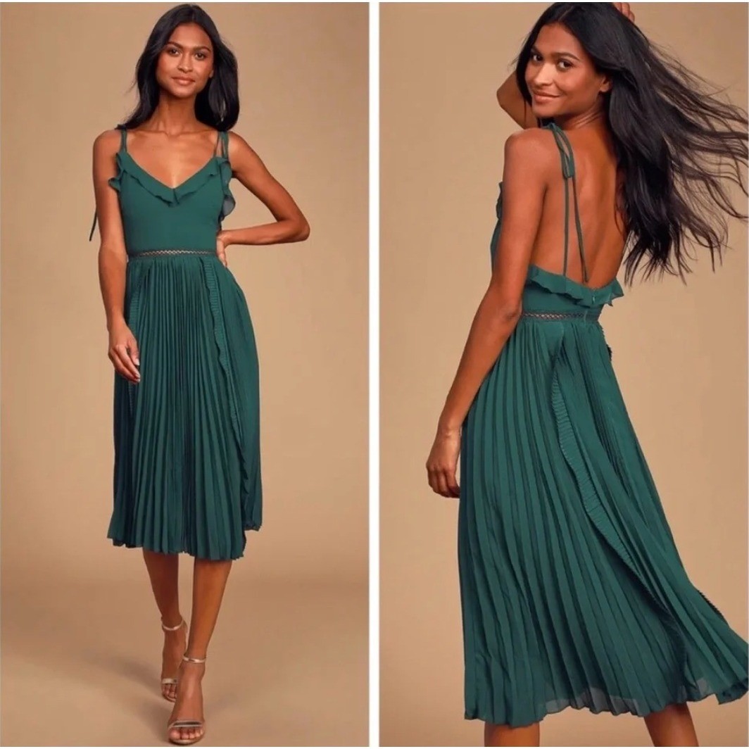 Lulus Forest Green Pleated Ruffle Midi Dress D1778 Tie Strap Womens Medium