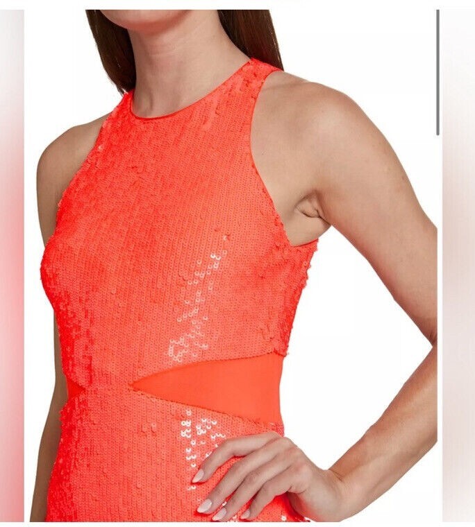 Alice + Olivia Bright Orange Cara Sequined Mesh Mini Dress Size 0 $595
