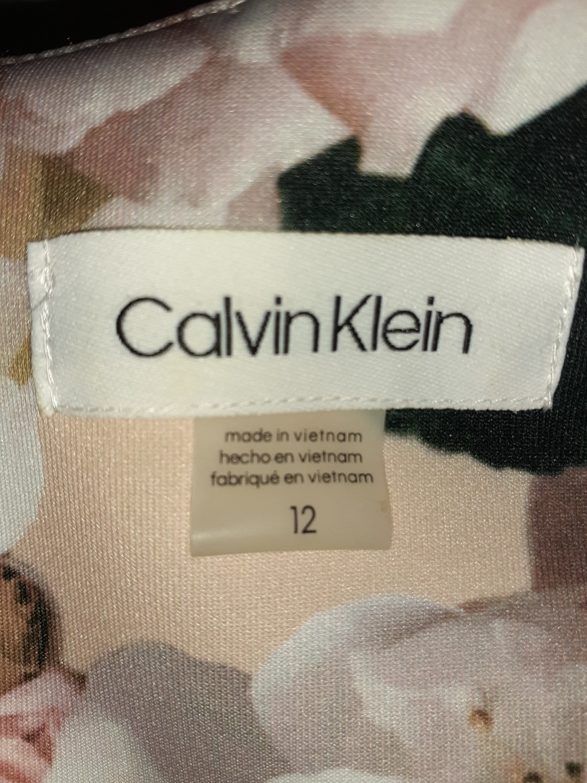 CALVIN KLEIN Size 12 A-Line Dress Beige Pink Grey Floral Sleeveless Stretch Midi