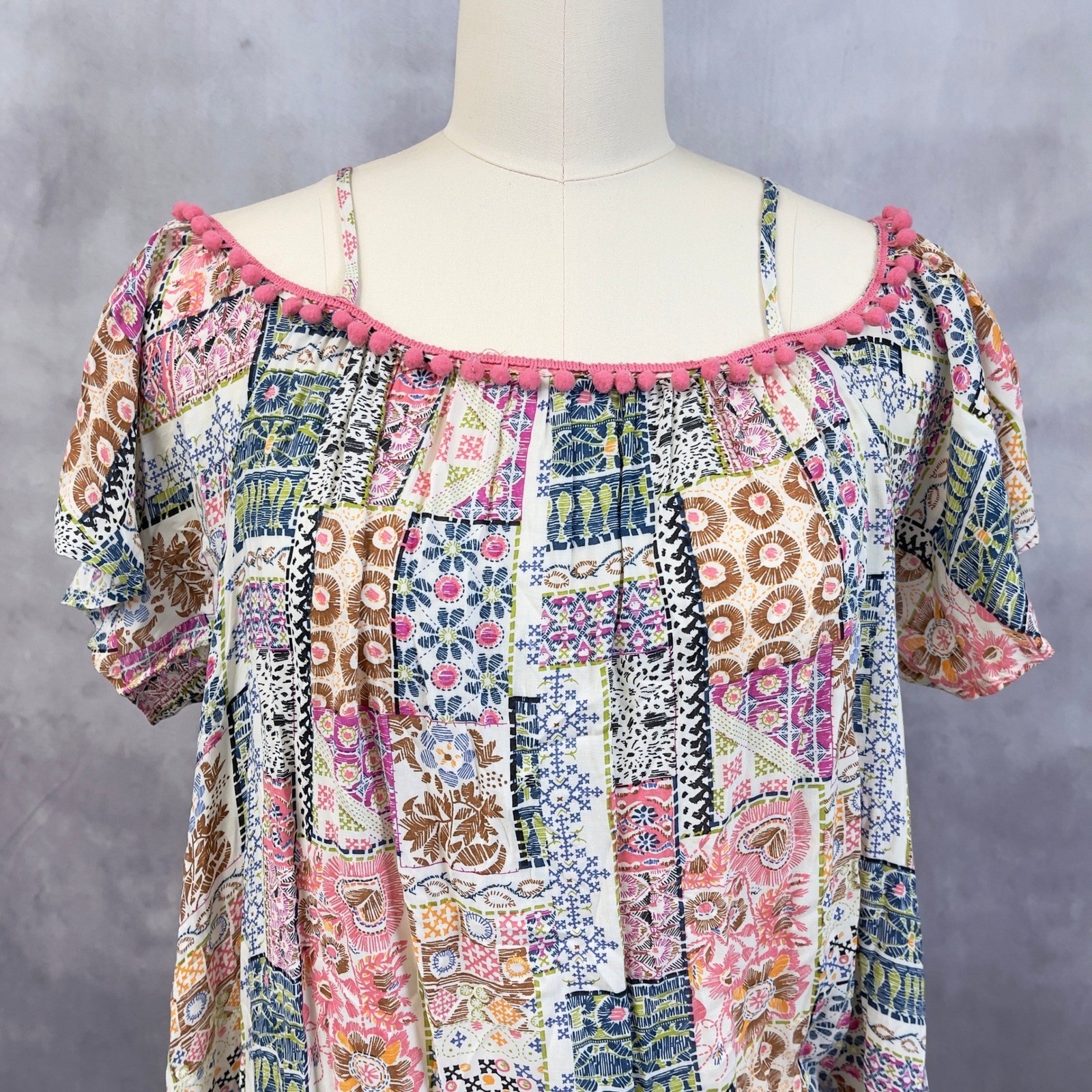 Umgee Patchwork Cold Shoulder Tunic Mini Dress Women Small Flowy Boho Indie Pom