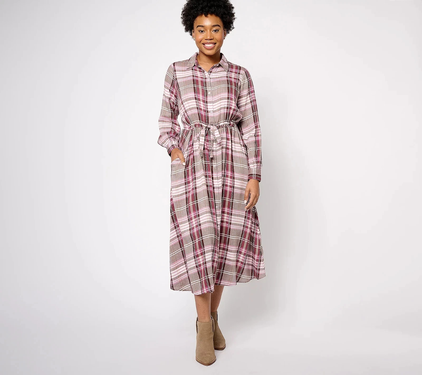 Encore by Idina Menzel Regular Button Front Shirt Dress,Wine Pink Medium A614075