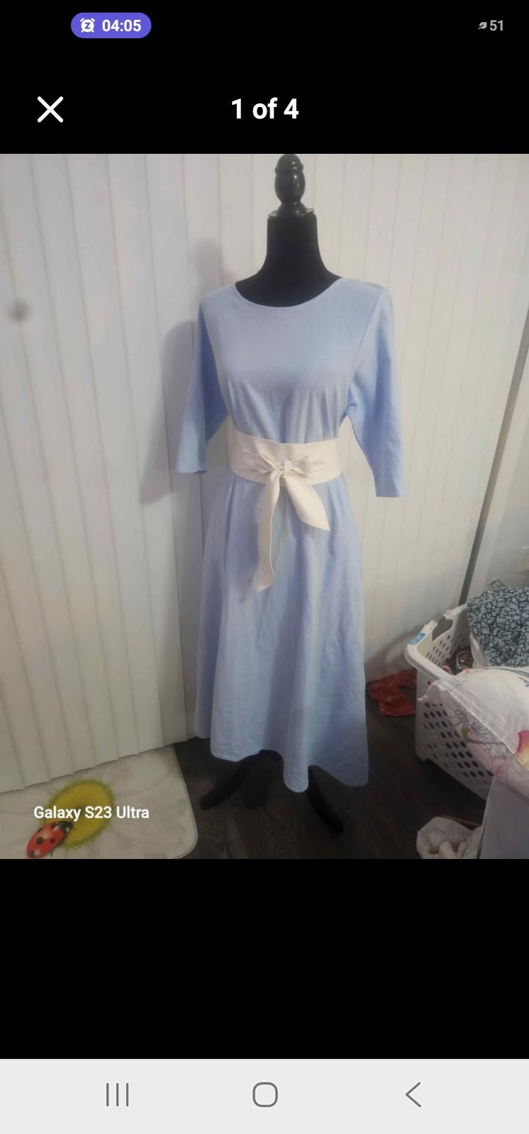 Blue Solid Cotton Round Neck 3/4 Sleeve Tie Waist Maxi Dress Size M/L