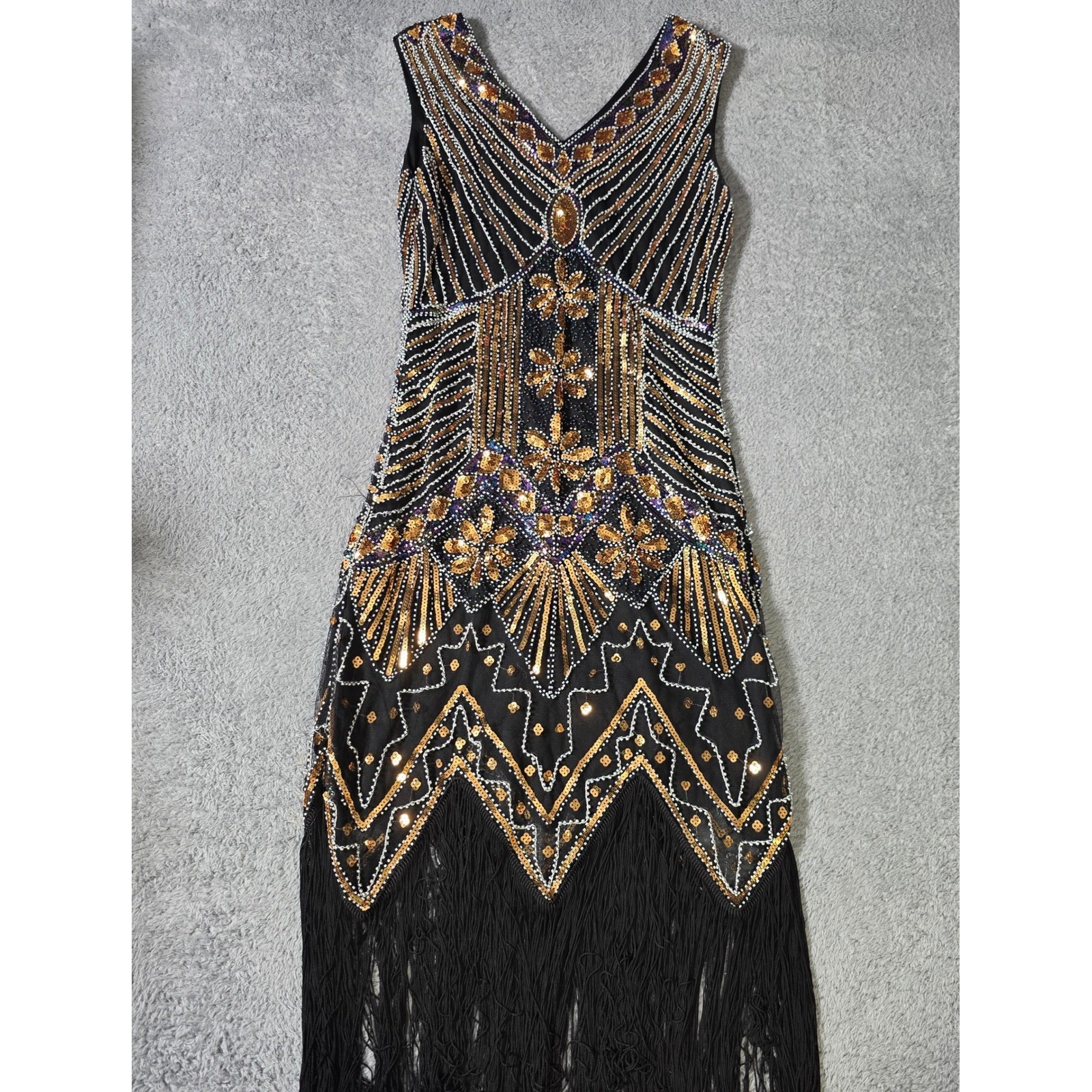 Handmade Womens S Flapper Dress Black Gold Sequin Art Deco Fringe Gatsby Style