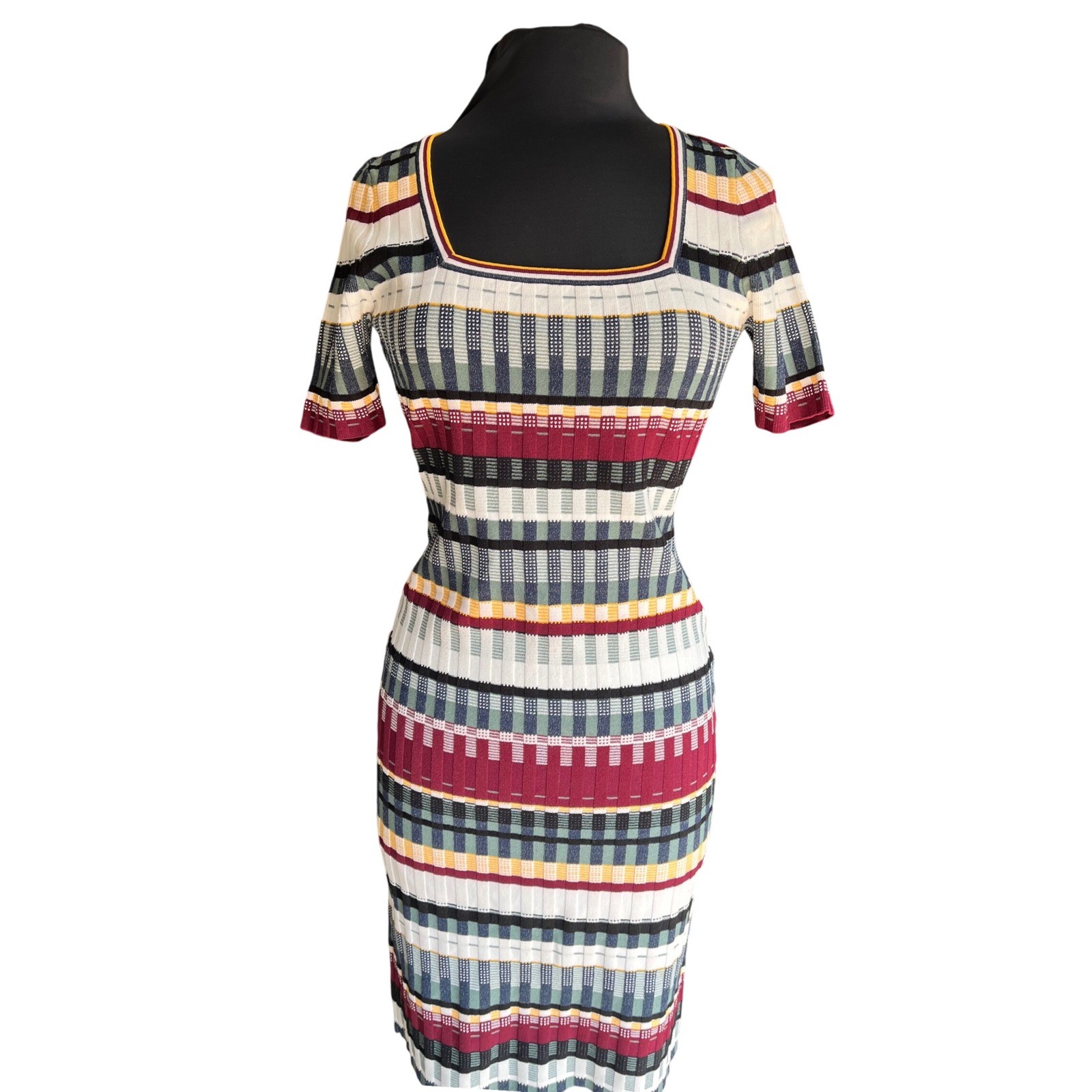 Multi Color Striped Knit Sheath Dress Square Neck Short Sleeve Zip Back