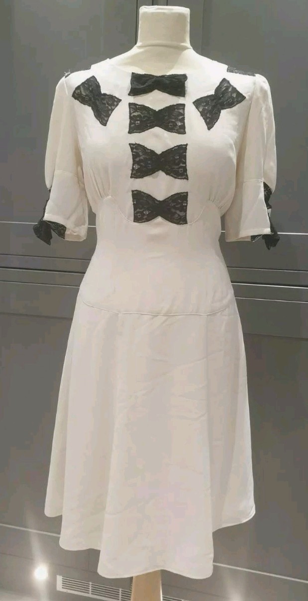 PEARL LOWE Vintage 1940s WW2 Style Cream Lace Bow Party Tea Dress Size 12