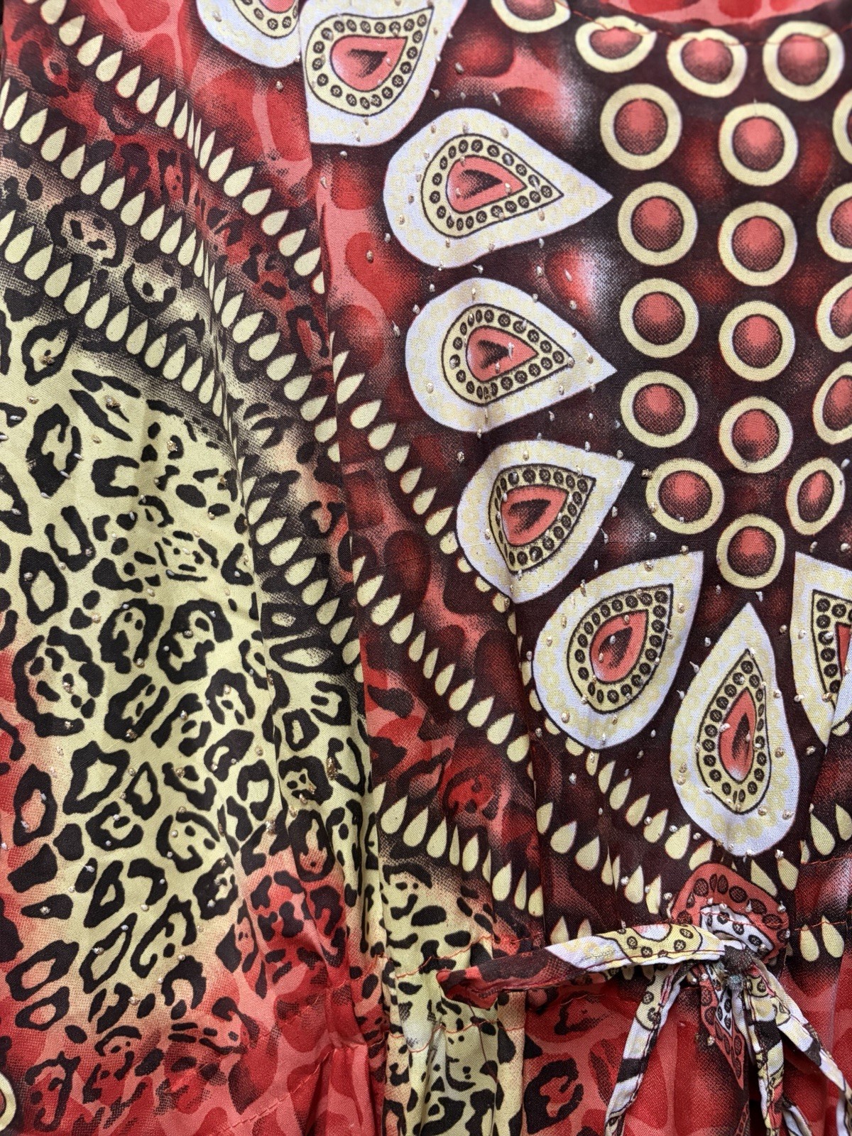 American Leisure Red Brown Beige Animal Print Kaftan Dress Round Neck Long One