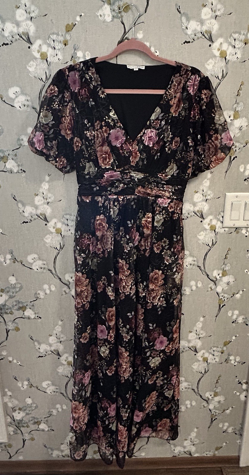 Baltic Born Floral Maxi Dress Women’s Large Black Pink V-Neck Lined Pockets