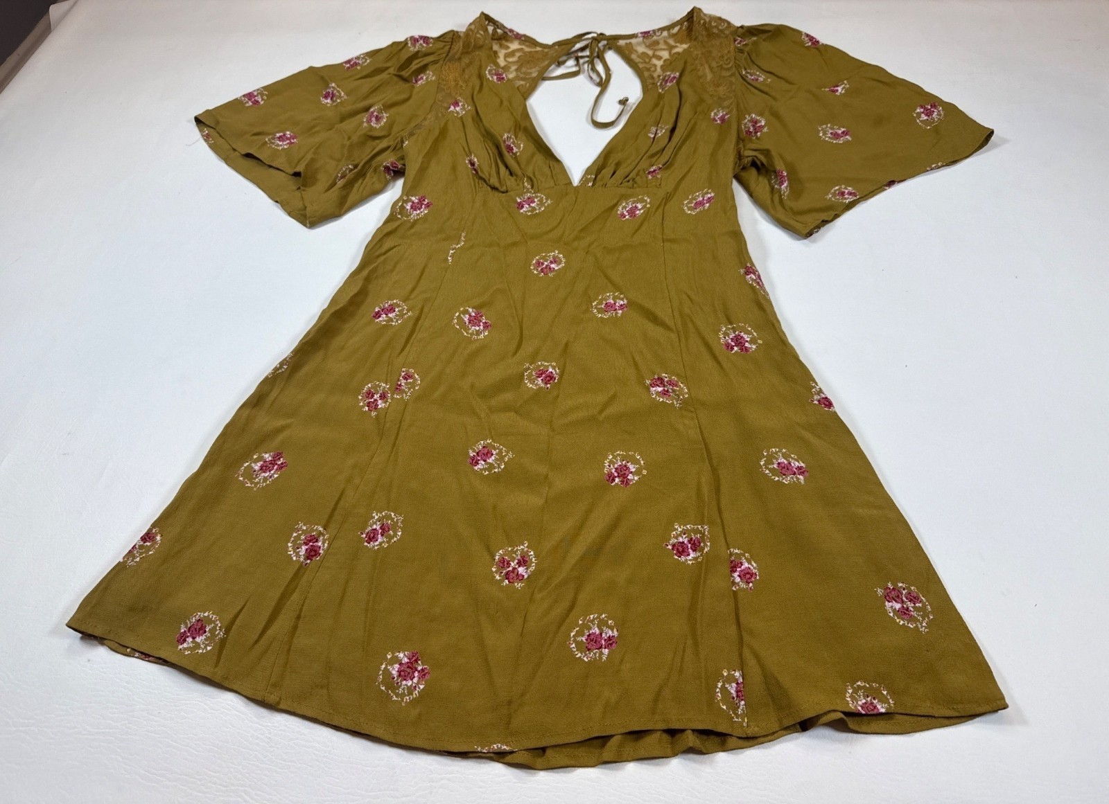 Free People Mockingbird Mini Dress Clove Comb sz 8 embroidered viscose (R426)