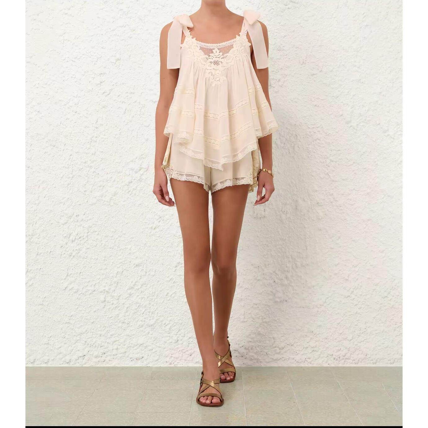 NWT Zimmermann Cream Lace Patchwork Cami Top Shorts Set Women