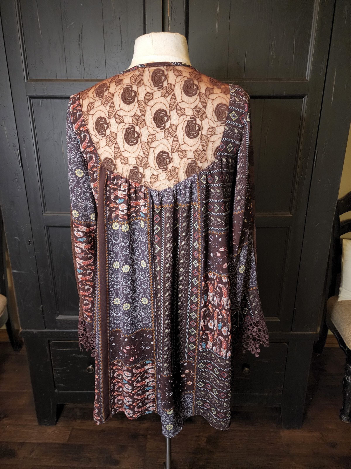 Bow + Arrow Boho Peasant Dress Brown Patchwork Sheer Lace Tassels Women’s S EUC