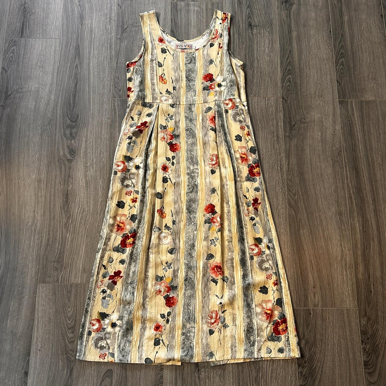 Jams World Dress Womens S Antique Trellis Floral Stripe Rayon Maxi Pockets USA