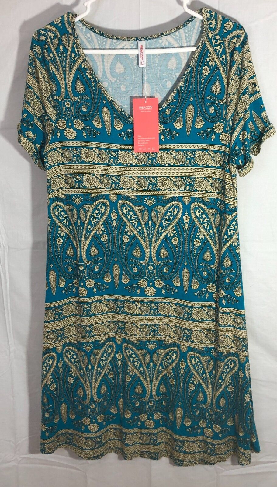 NWT Weaczzy Paisley Green Yellow Short Cap Sleeve L Knee Length Dress V-neck