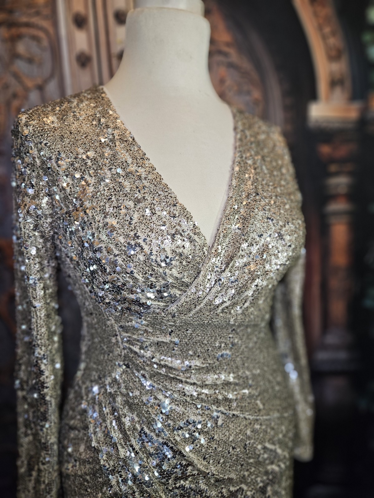 TFNC SARALEE MIDI Gold Silver Sequin Faux Wrap Dress Red Carpet UK 12 USA 8