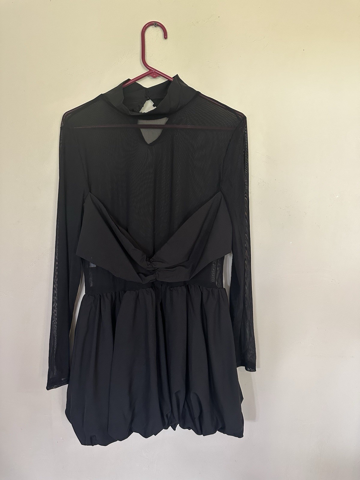 Women’s Black Mesh Long Sleeve Mini Fit & Flare Dress Bow Button Accents