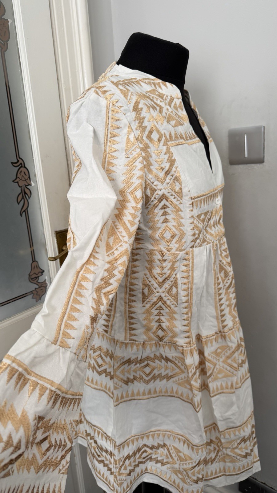 White & Gold Embroidered Boho Smock DressCotton Linen Blend BNWT