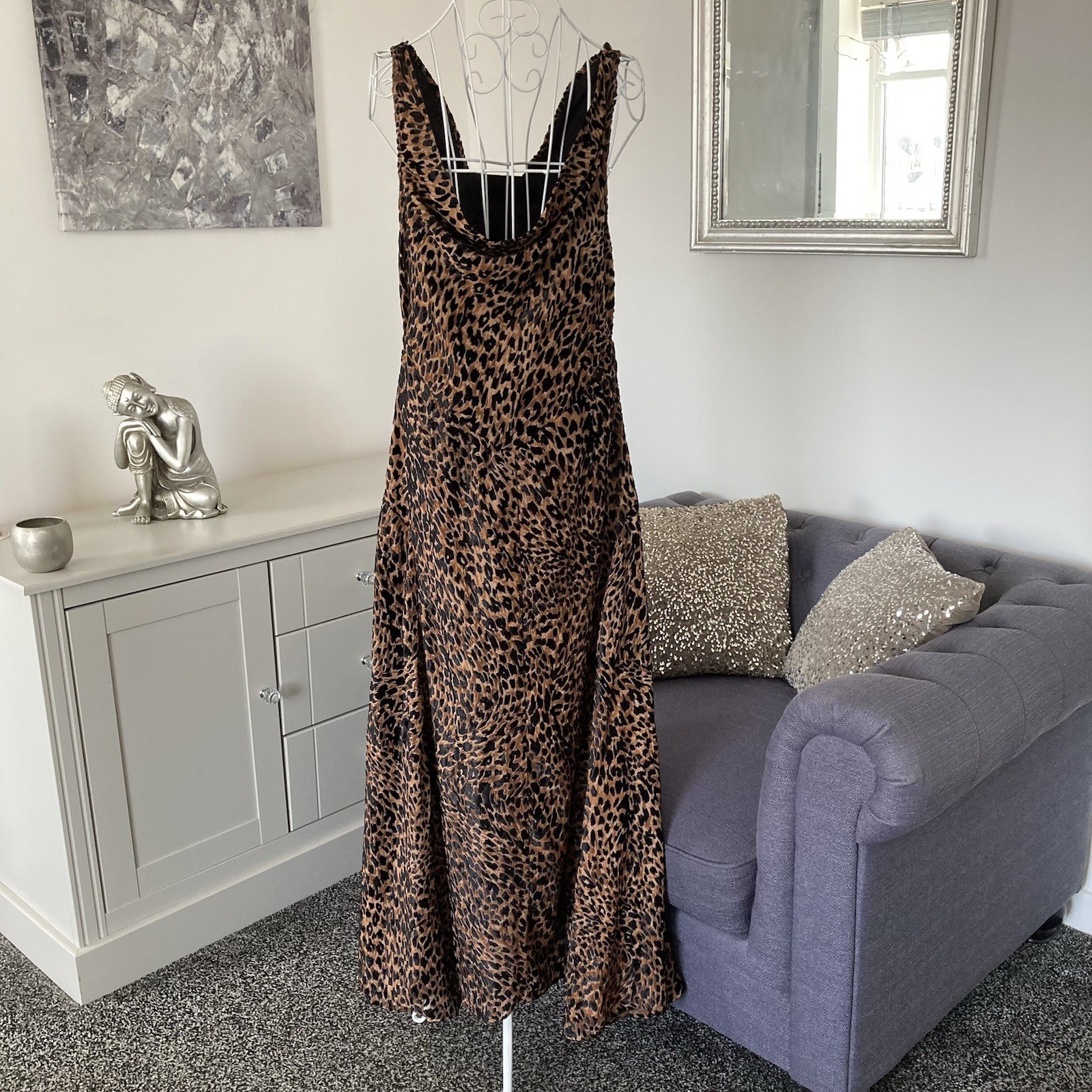 Leopard Print Devore Cowl Neck Sleeveless Thigh High Split Flared Maxi Dress 10