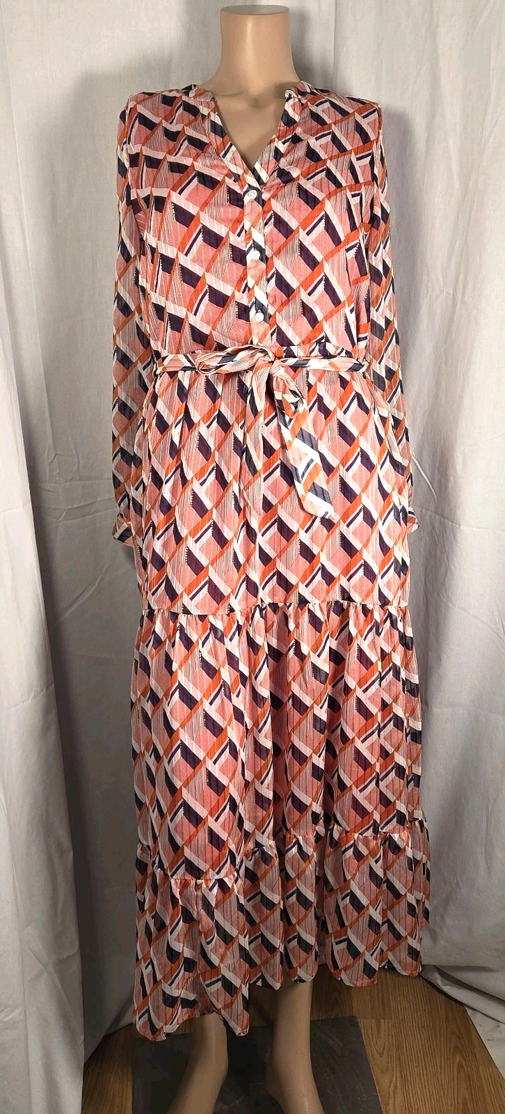 FRNCH Paris Red White Blue Gold Metallic Long Dress 100% Viscose Women’s Size S