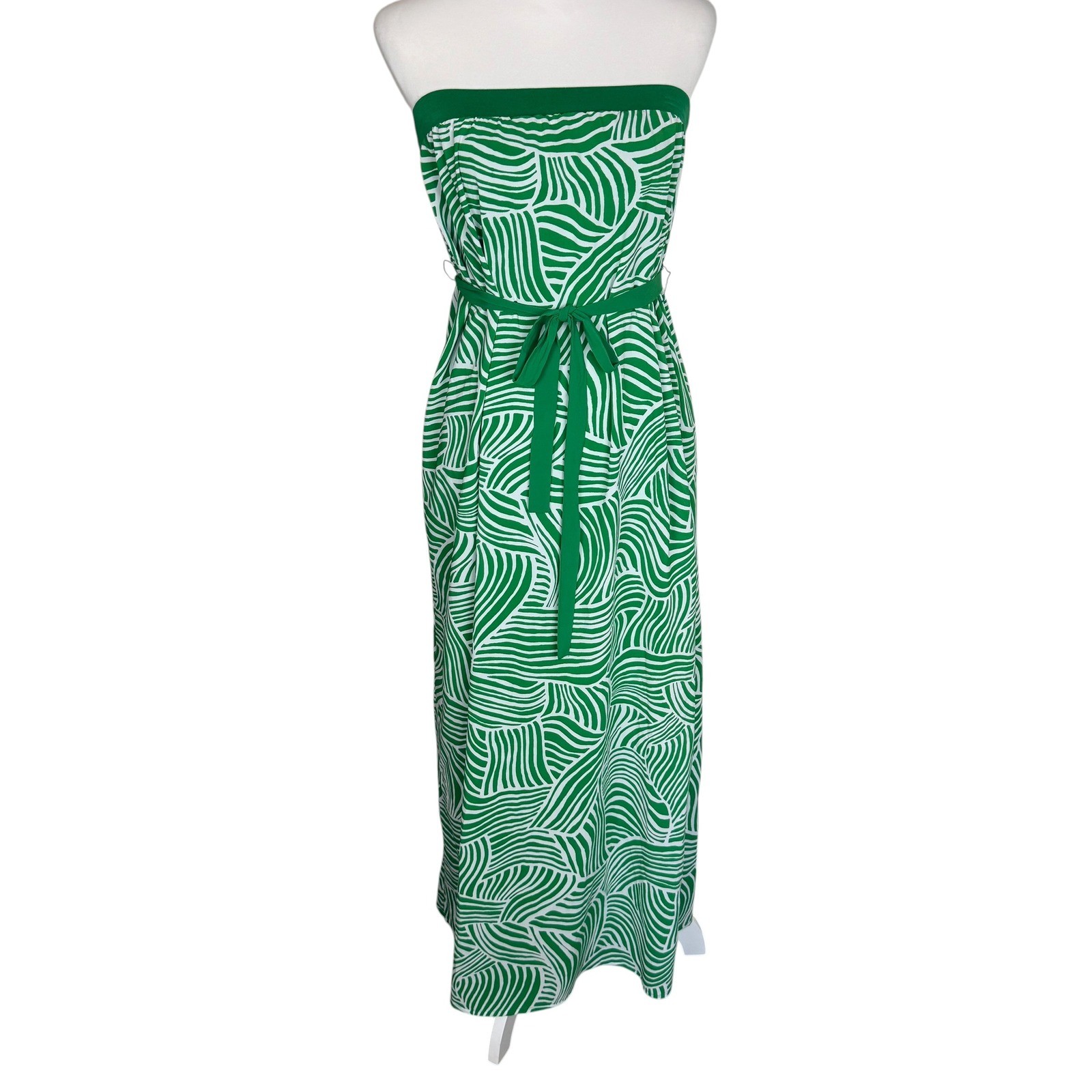 Old Navy Womens Green White Abstract Wave Strapless Maxi Dress Size M Tie Belt