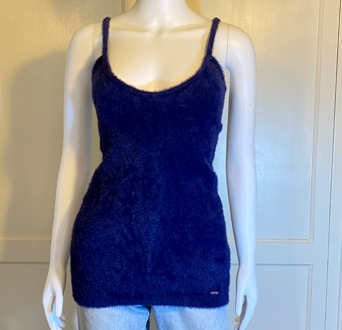 SAVAGE X FENTY Navy Blue Fuzzy Knit Cami Mini Dress Adjustable Strap Tank Top XS