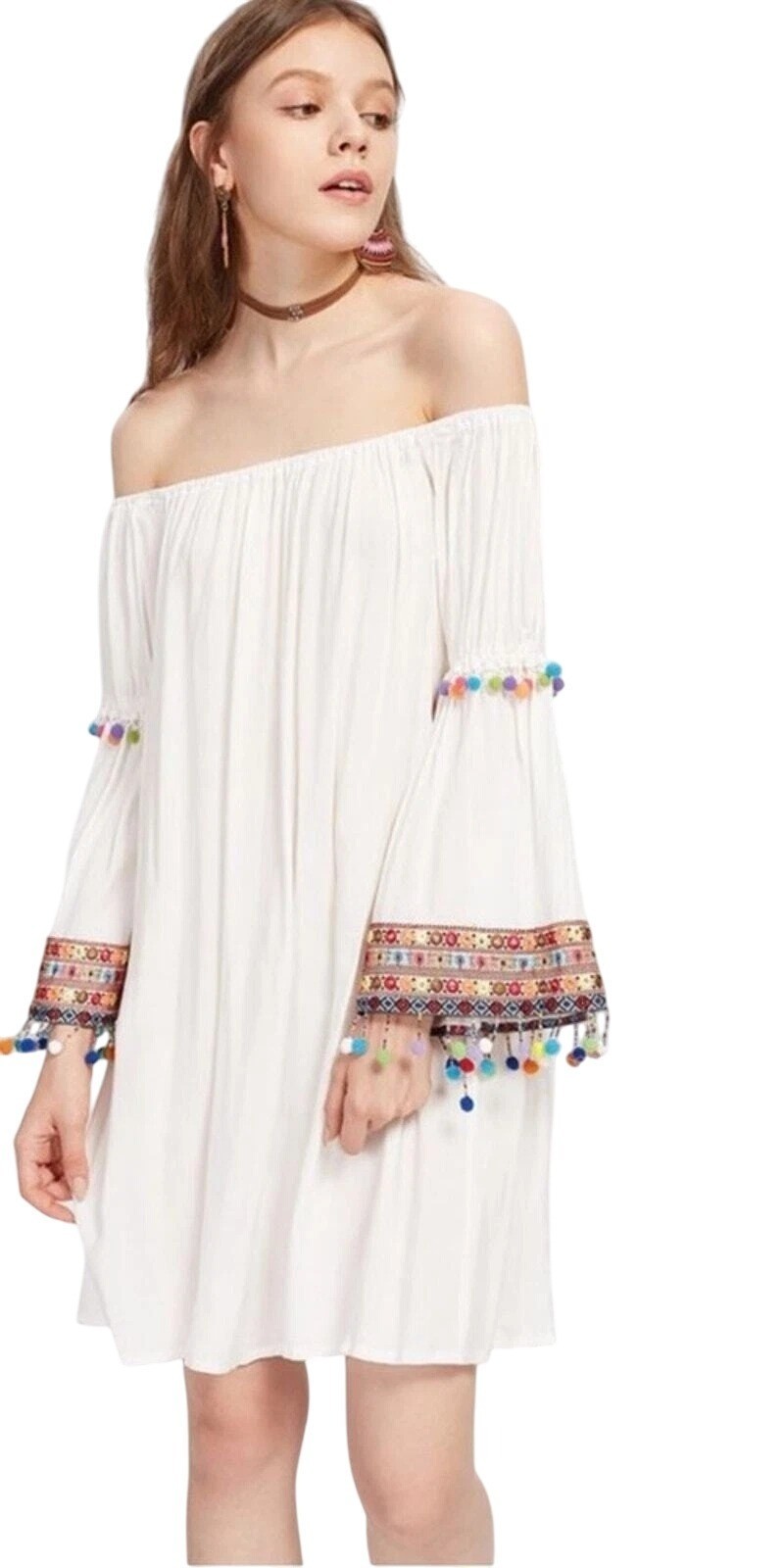 Stellah Anthropologie Off-Shoulder Pom Pom Beaded Embroidered Mini Dress Small