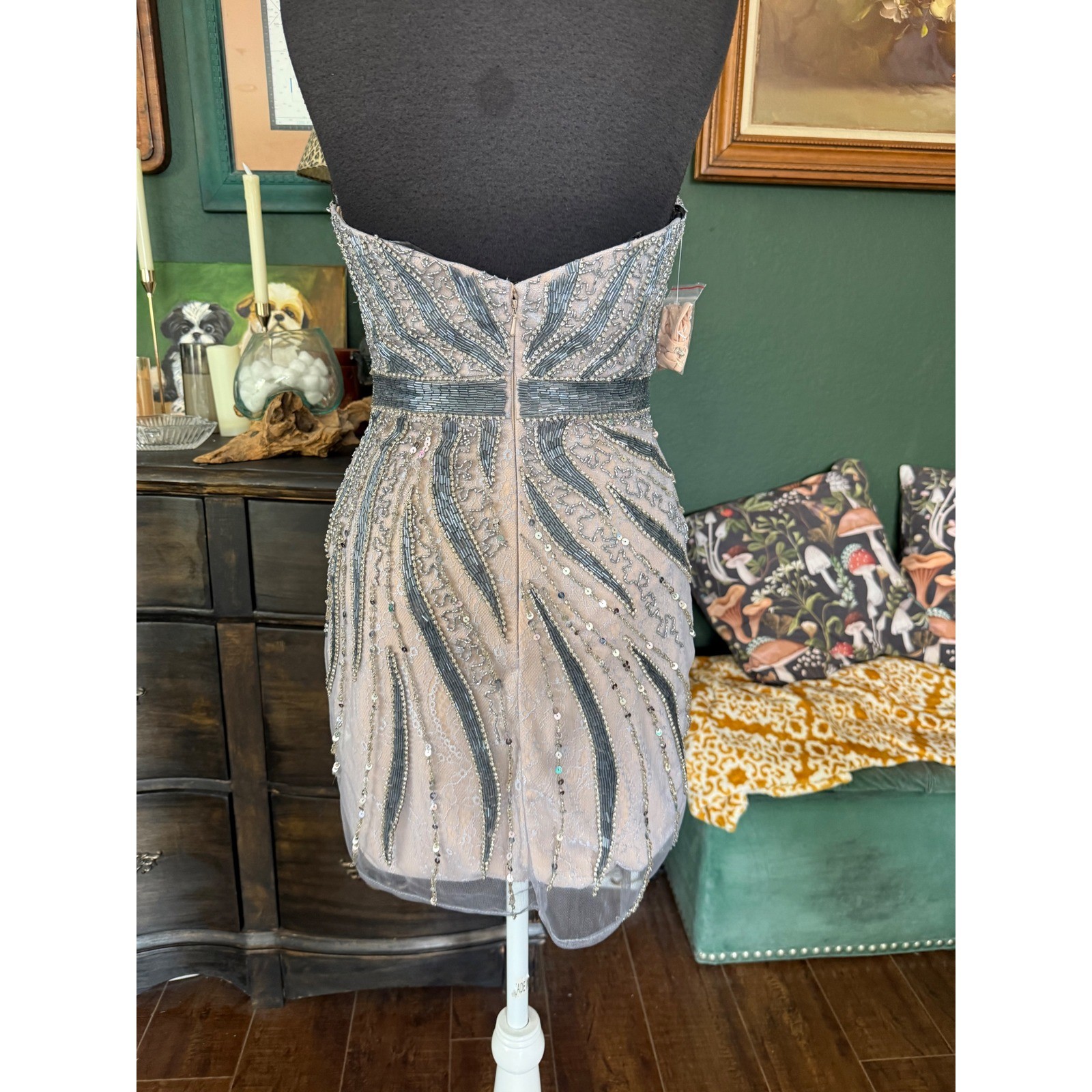 Milano Formals Strapless Beaded Sequin Lace Mini Dress Silver Grey Sweetheart