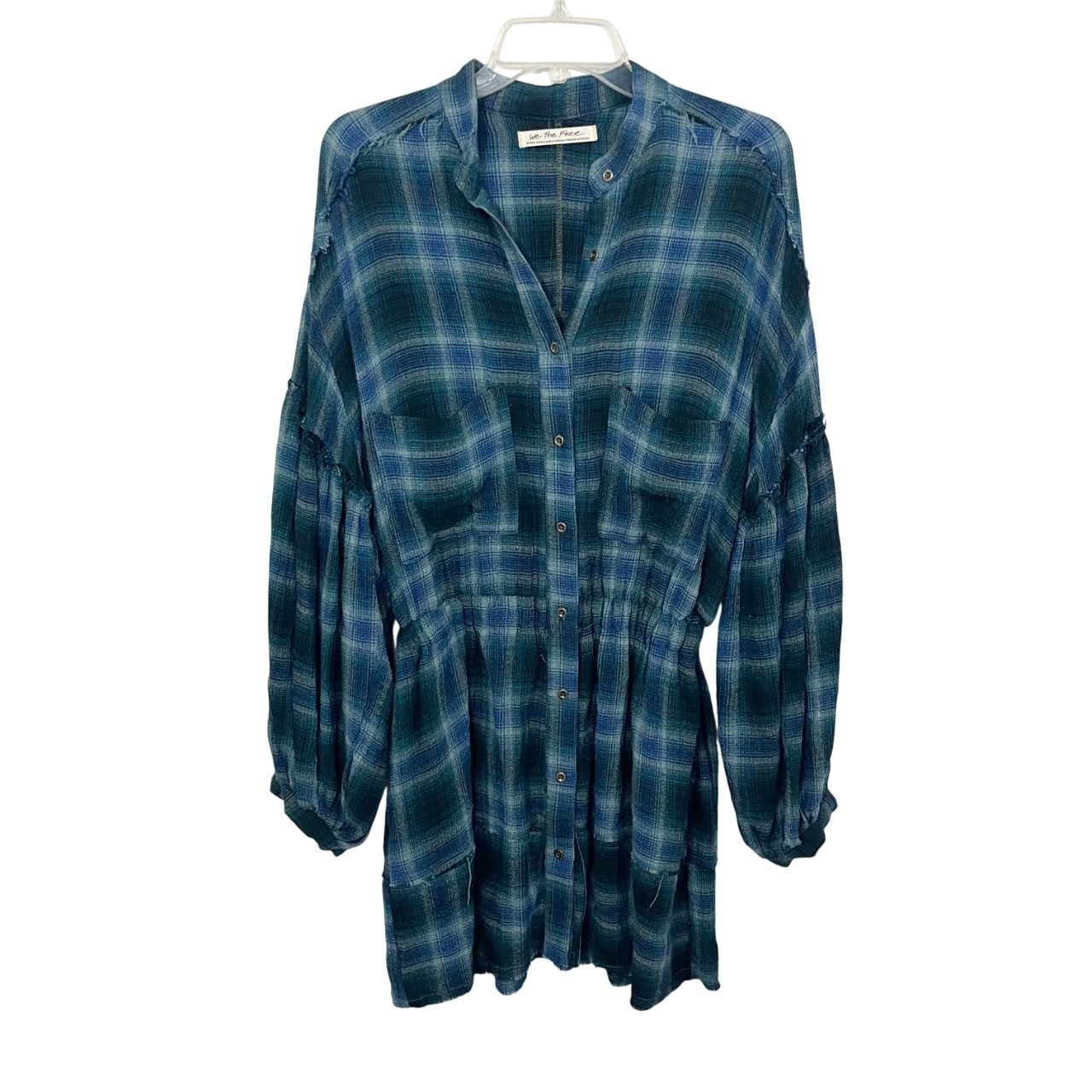 Free People By The Way Navy Plaid Long Sleeve Mini Shirt Dress Grunge – Size XS
