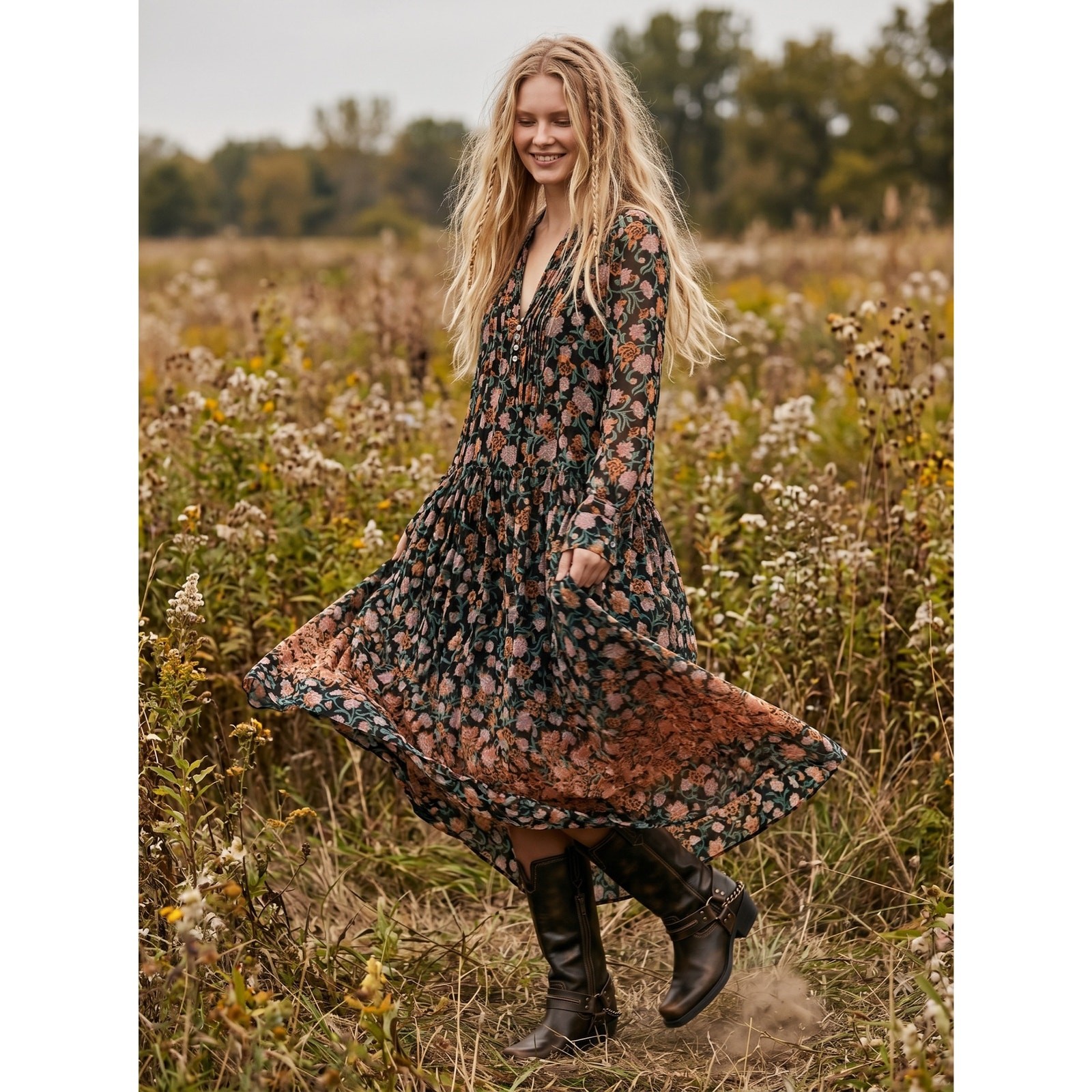 Free People See It Through Maxi Dress in Black Combo Large Floral Prairie Boho