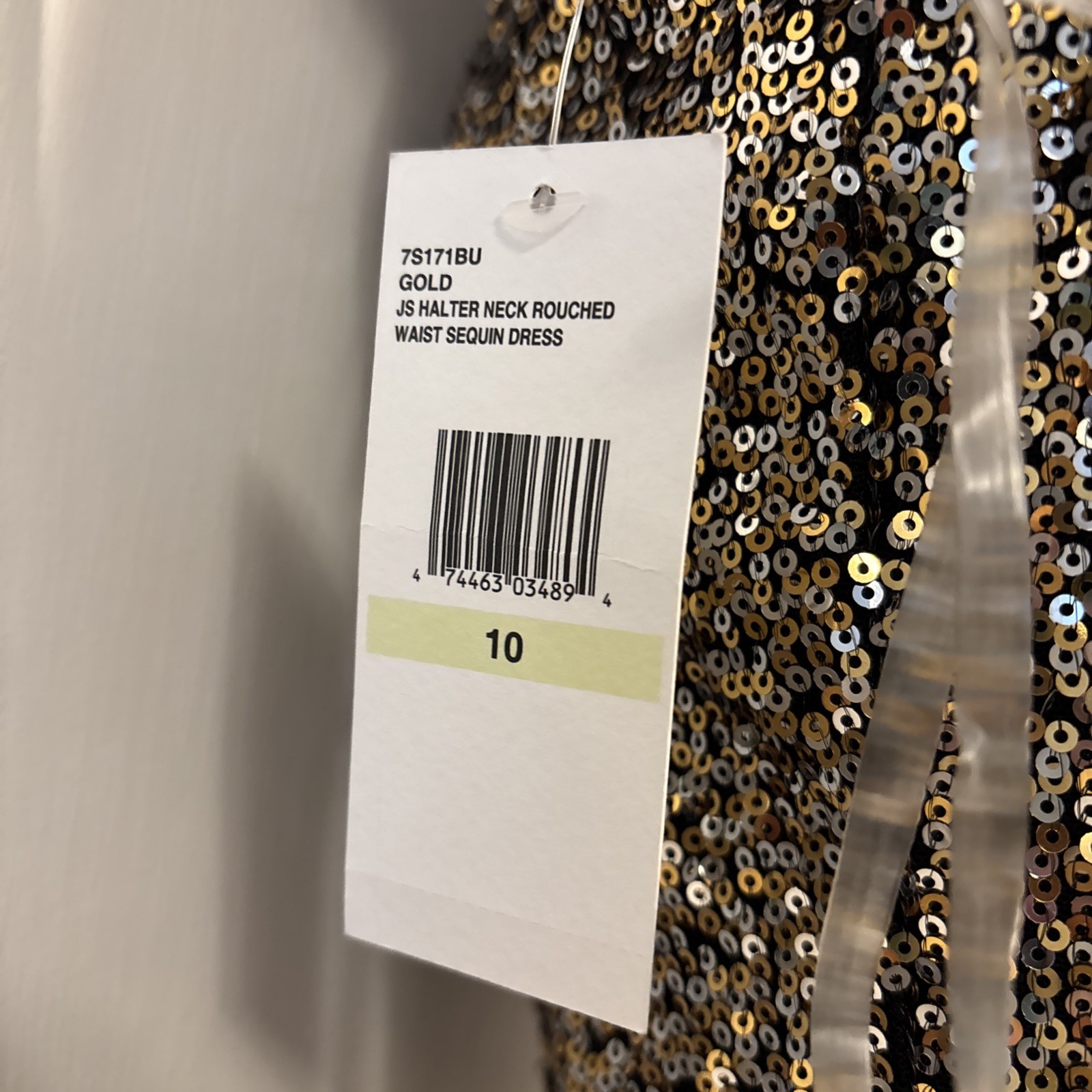 Jessica Simpson Gold Halter Neck Rouched Waist Sequin Dress Sz 10 Stretchy NWT