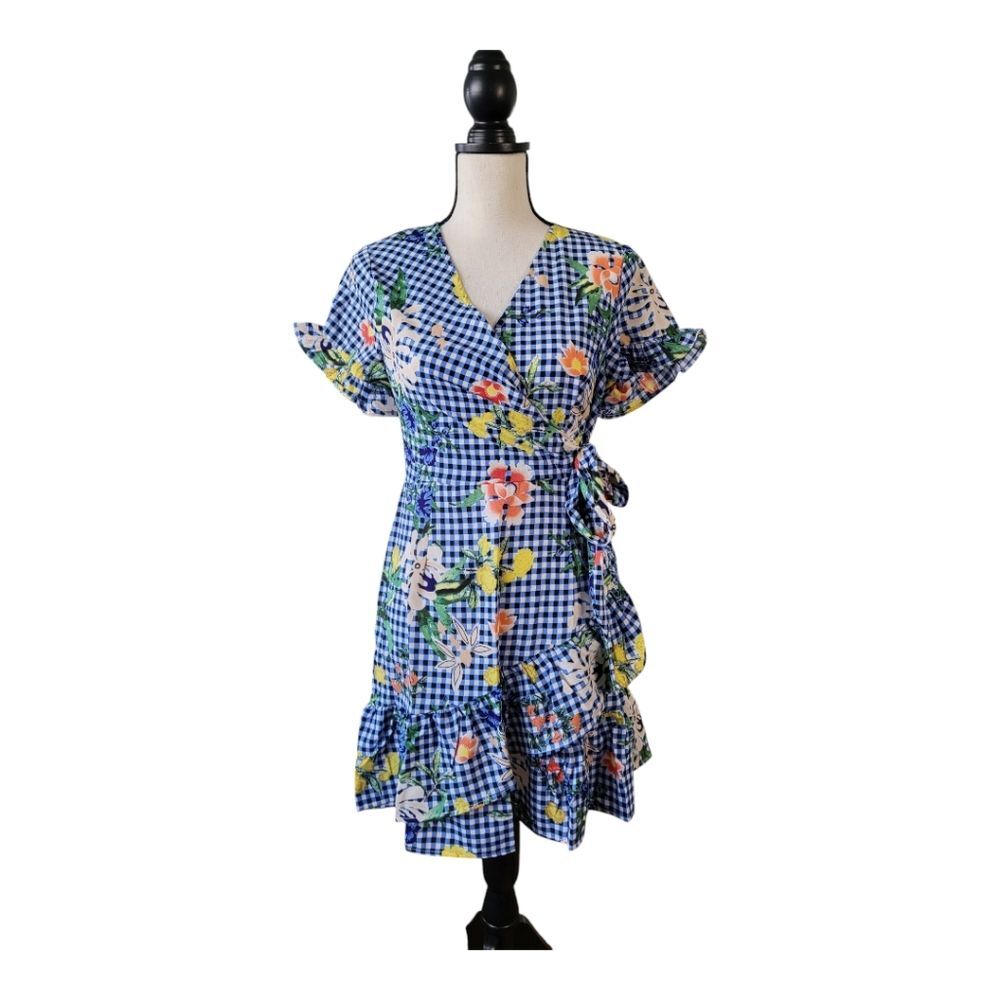 Hayden Gingham Floral faux Wrap Mini Dress Size S New