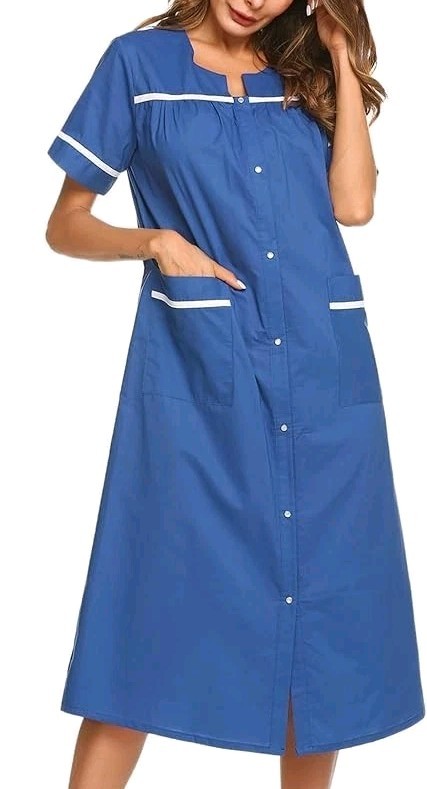 Ekouaer Size Small Blue/White Pearl Snap Pockets House Patio Dress House Coat