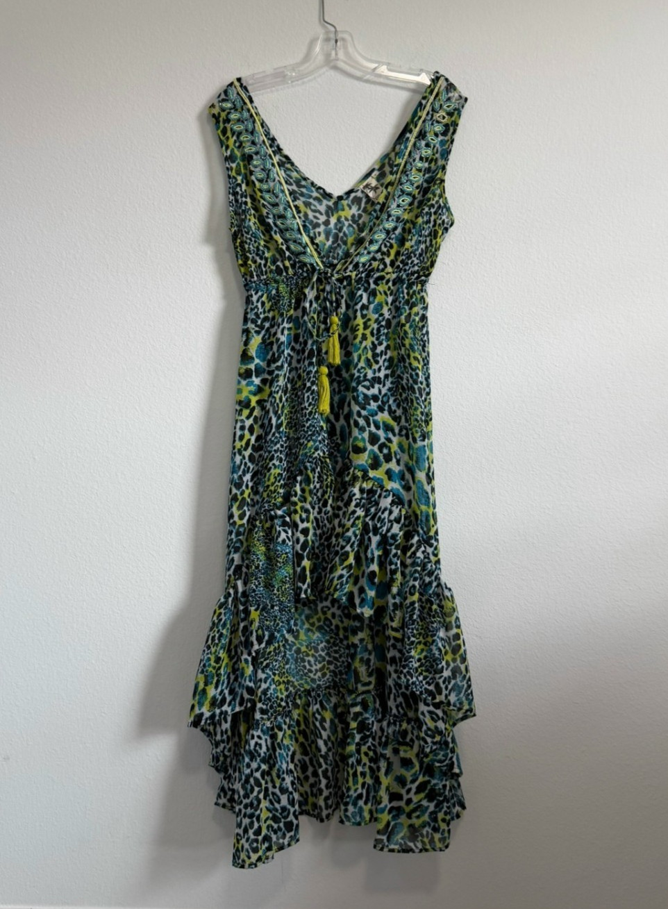 Violet Sky Sleeveless Beaded V-Neck Animal Print Hi-Lo Cover Up Dress Size S