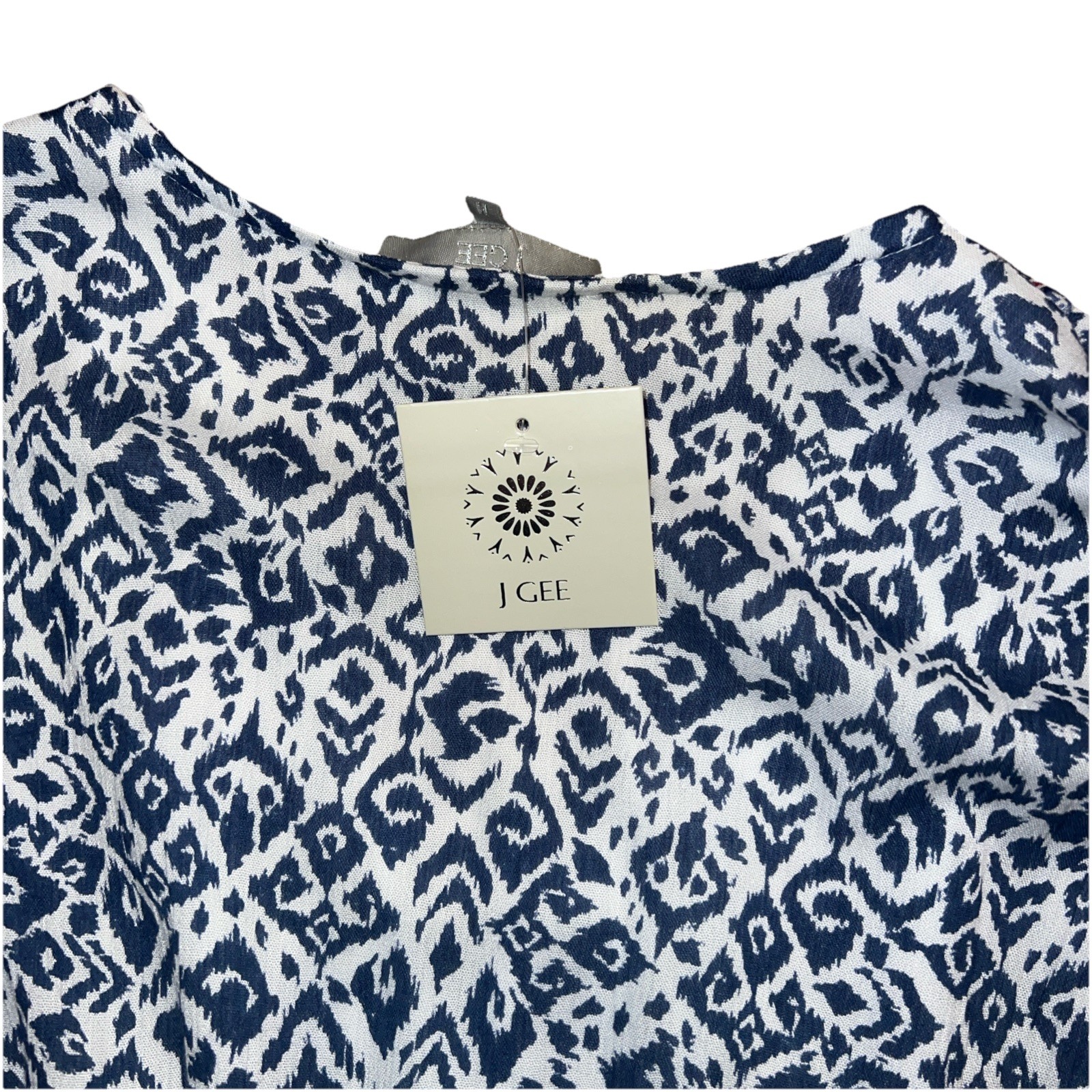 J Gee Navy Blue/White Boho Multi Teared Flutter Short Sleeve Gauzy Peasant Dress