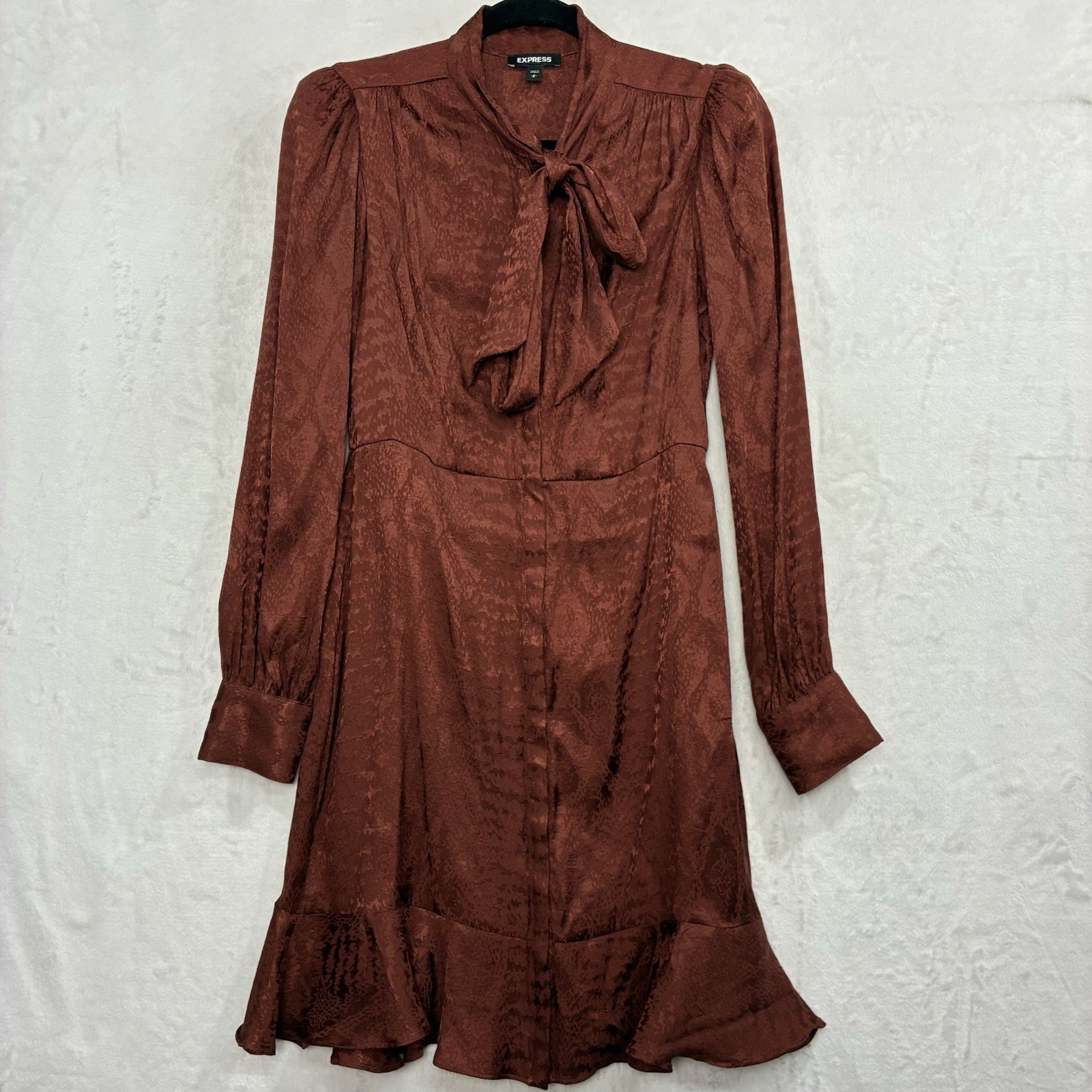 EXPRESS Satin Long Sleeve Snakeskin Print Havana Brown Ruffle Dress Tie Neck S