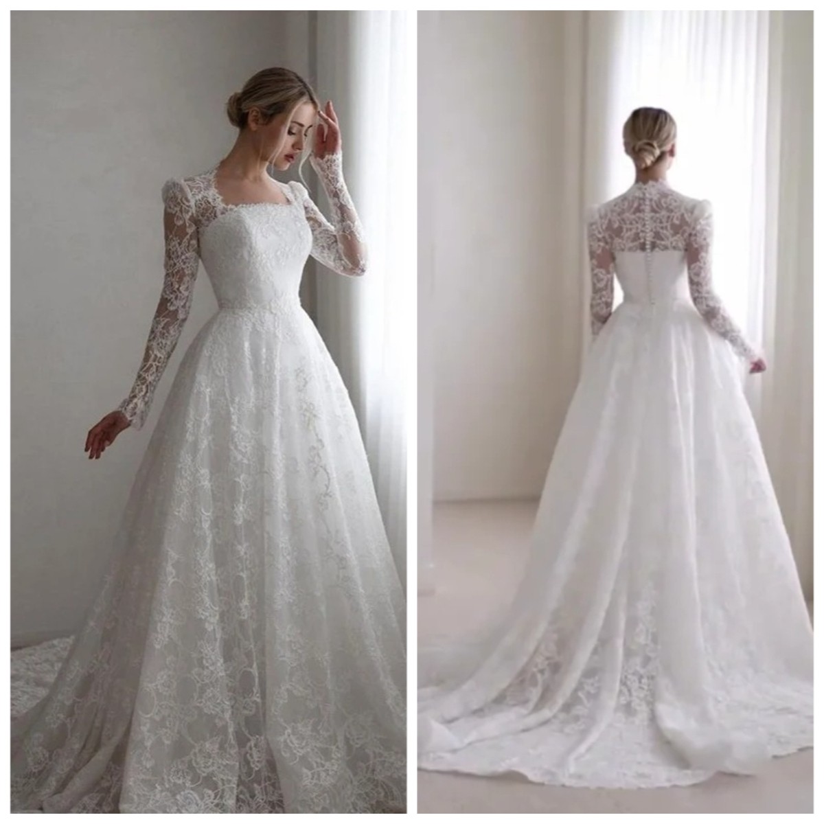 Long Sleeved A-line Bohemian Lace Wedding Dress with Square Neckline for Brides