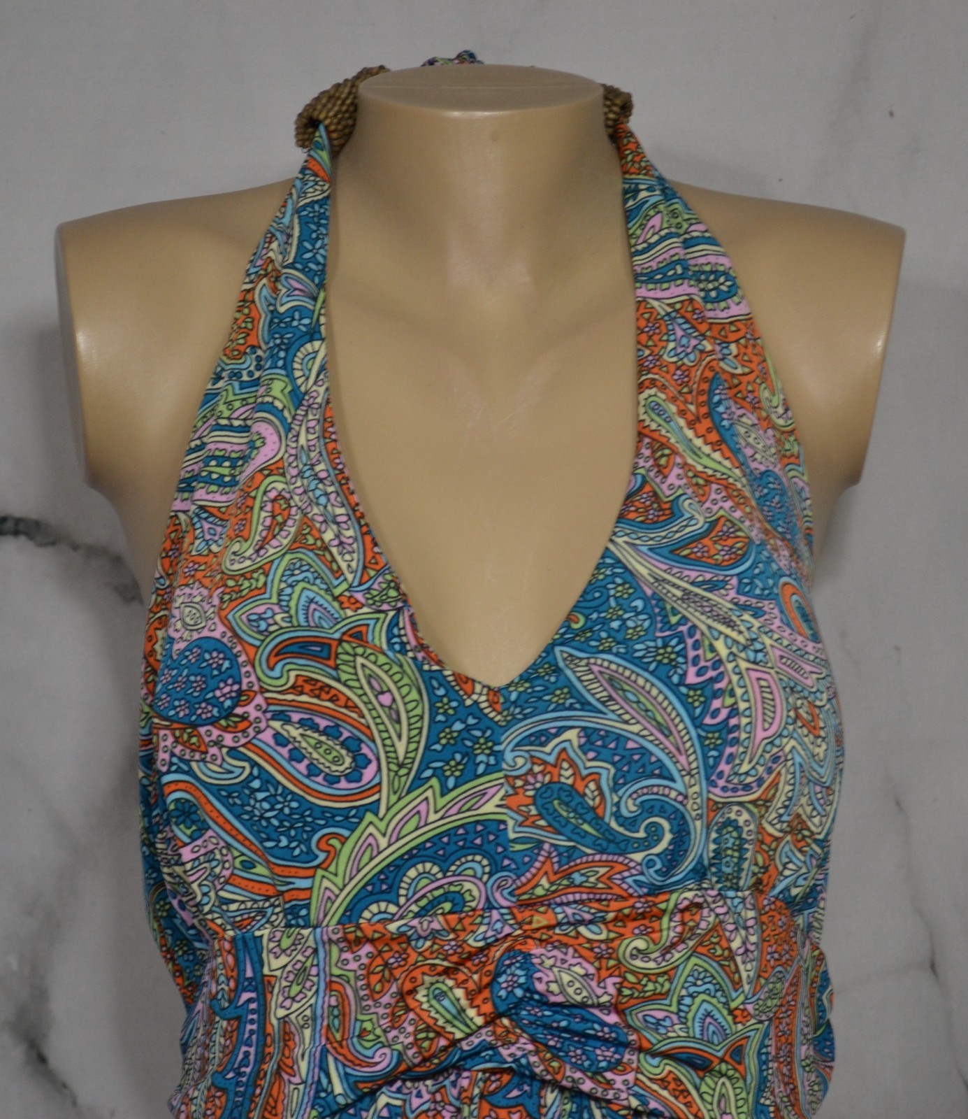 TALIA Teal Orange Lavender Paisley Halter Dress Large Padded Bust Beaded Accent