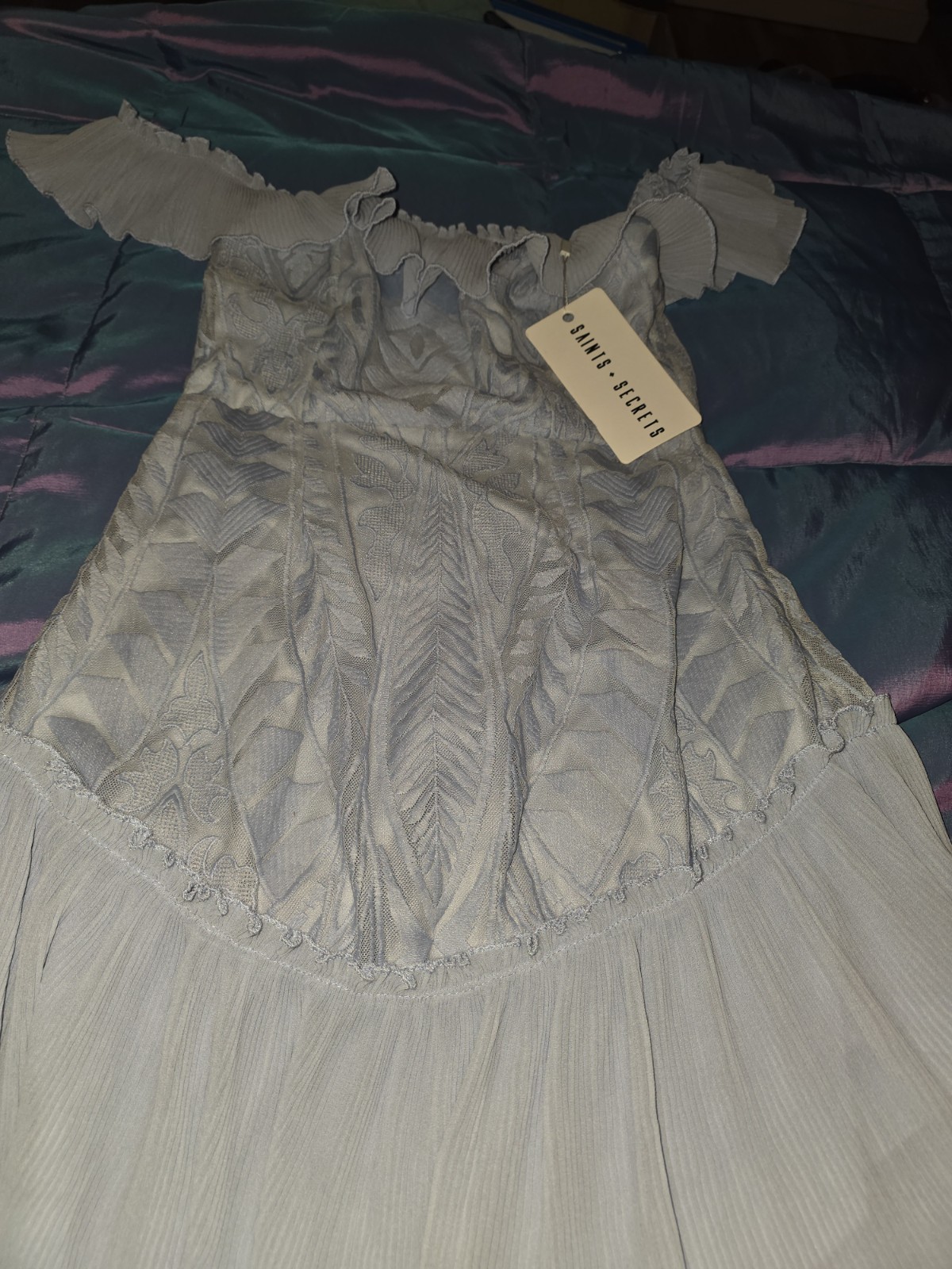 Anthropologie saints secrets Steele blue off shoulder lace ruffle mini dress M