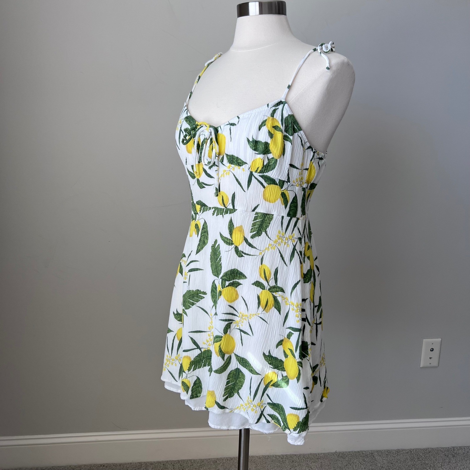 Pull&Bear Lemon Print Sweetheart Mini Dress White Yellow Green XL 9390/316/250