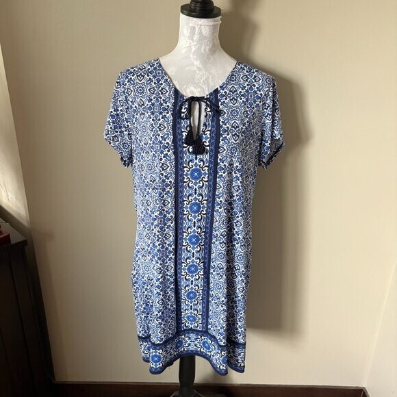 Lands End Womens Blue Floral Nylon Spandex Blend Dress Summer Athletic Large