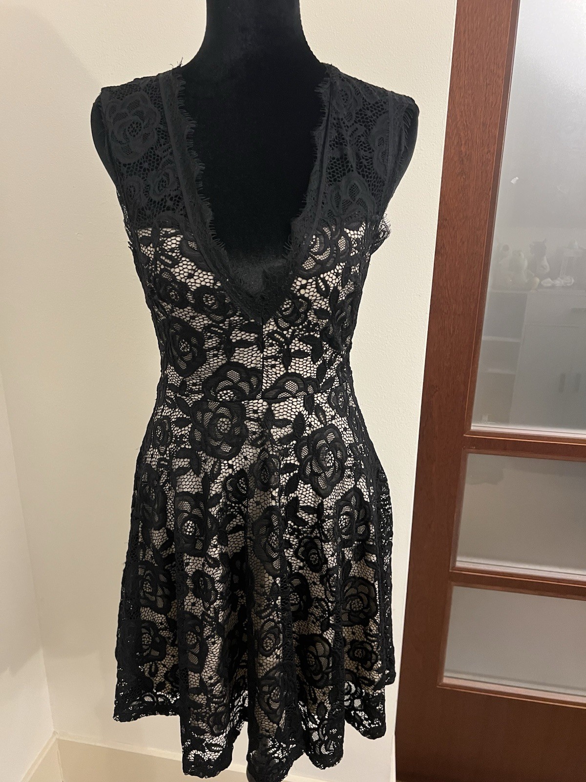 Windsor Black Floral Lace V-Neck Sleeveless Open Back Fit & Flare Dress S