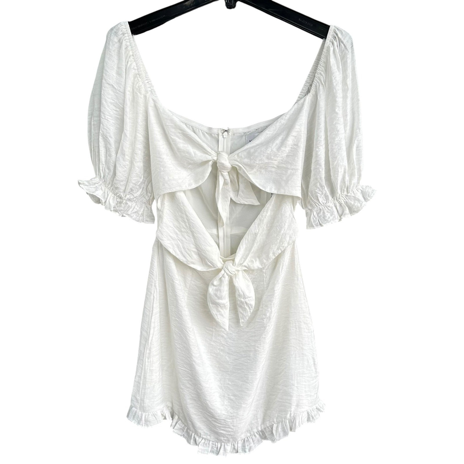 Hello Molly Silent Night White Tie Puff Sleeve Mini Dress Small US 4 Milkmaid