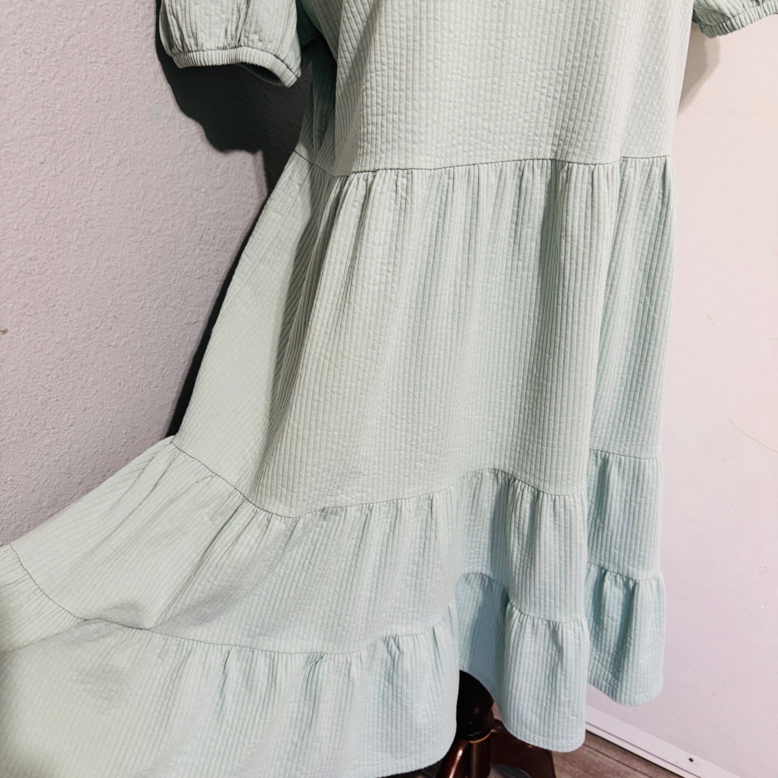 Downeast Cotton Blend Dress Size L Sage Green Ribbed Tiered Babydoll Mini Dress